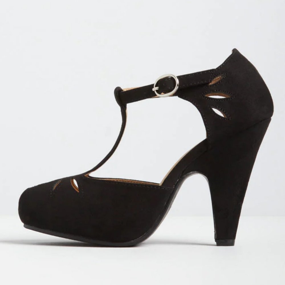 Modcloth T-Strap Black Suede Heels Size 9 NEW w/o Box